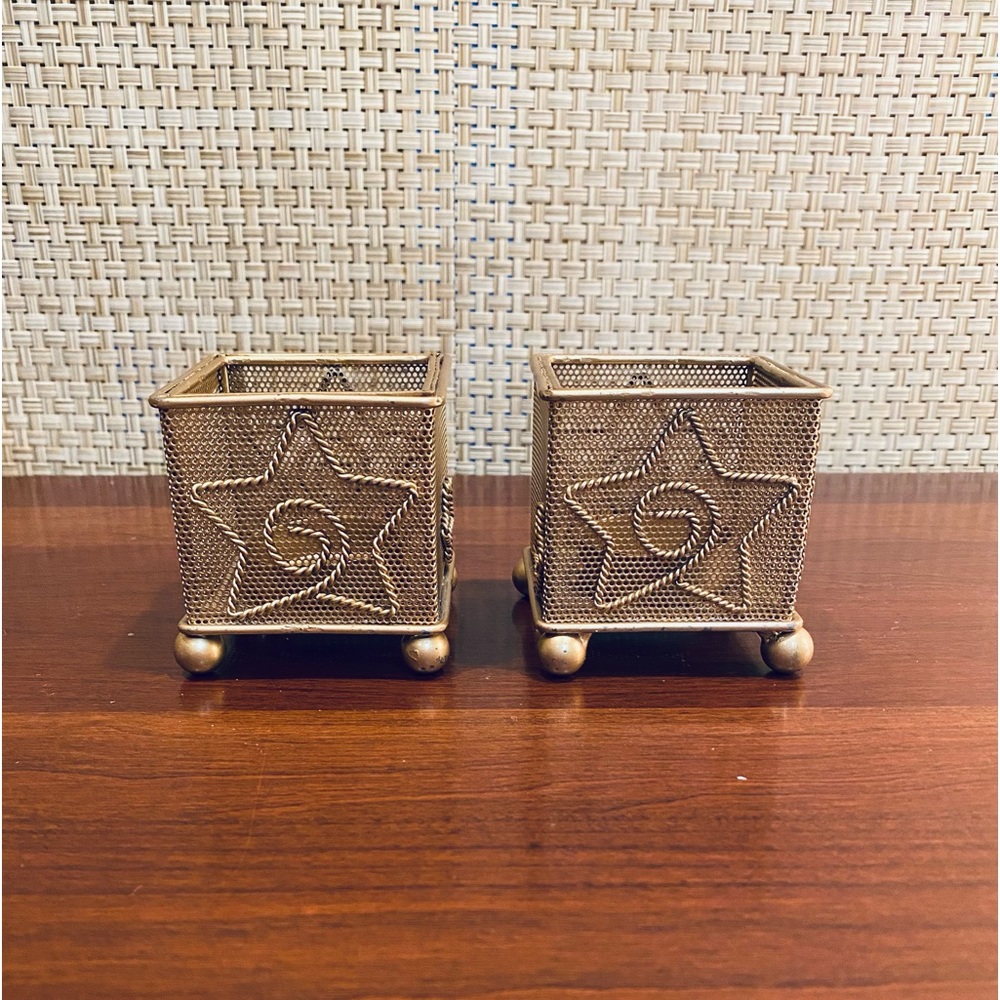 🌟HP🌟Set of 2 Square Gold Tone Metal Mesh & Stars Tea Light Candle Holders Sleeve